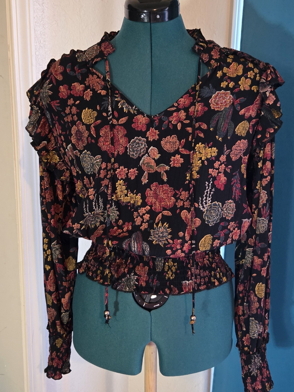 Angie Black Floral Ruffle V-Neck Blouse